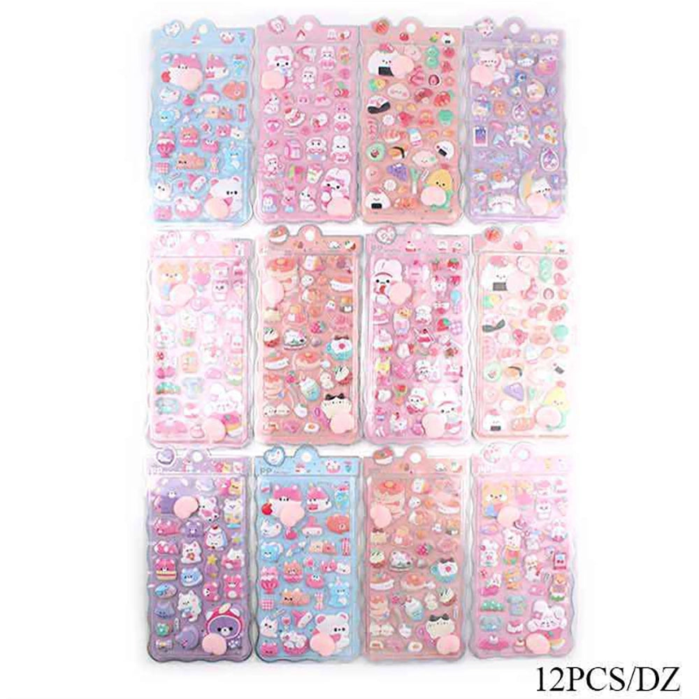 Kawaii 3D Puffy & Squishy Character Sticker Sheet Set – Pastel Animals & Treats 12pcs (ANV-1851)