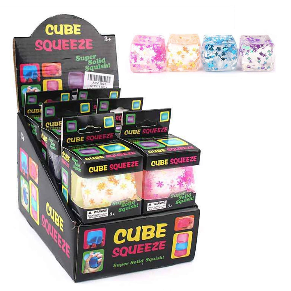 Cube Squeeze Ball Glitter Stress Toy (12-Pack Bulk Box) – 5cm Clear Squishy Ice Cube Fidget Toy with Snowflake Sequins (ANV-1889)