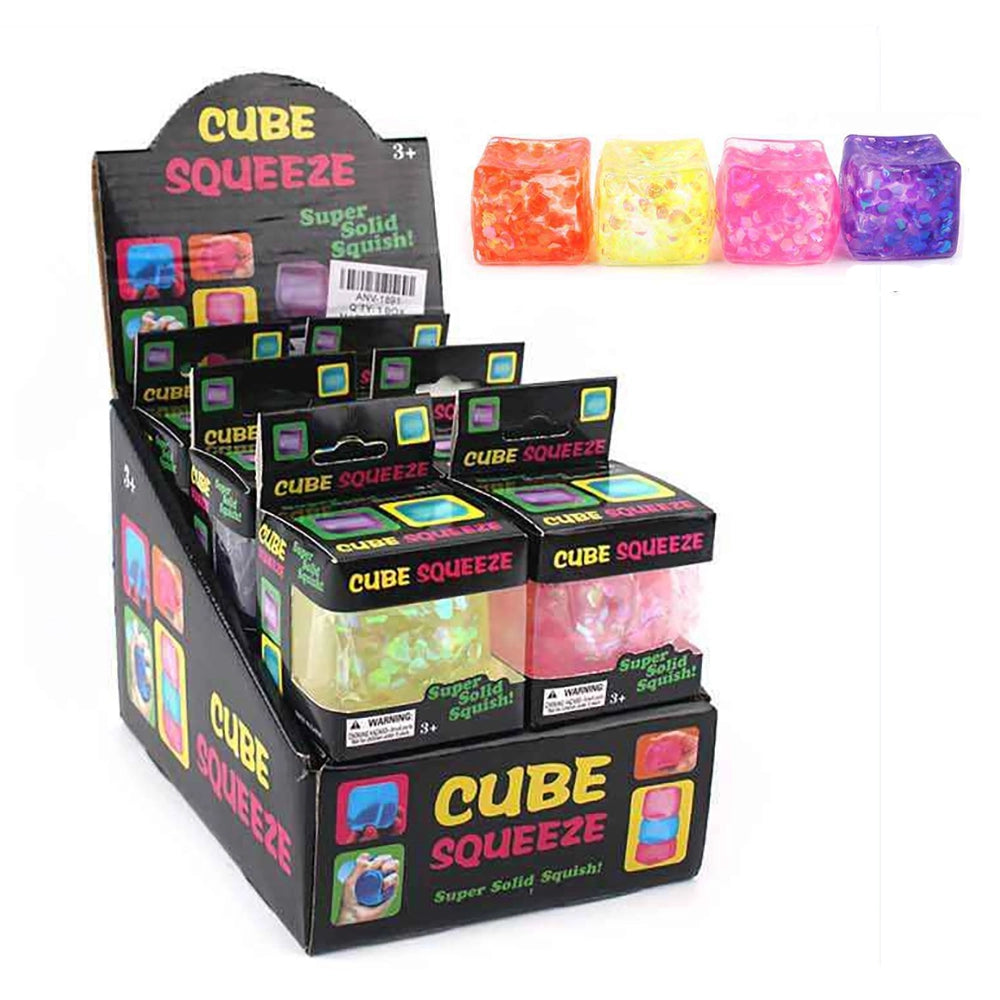 Glitter Water Bead Cube Squeeze Toy (12-Pack Display Box) – Squishy Sensory Stress Relief Fidget Toys for Kids & Adults, Colorful Jelly Cube Water Gel Beads (ANV-1891)