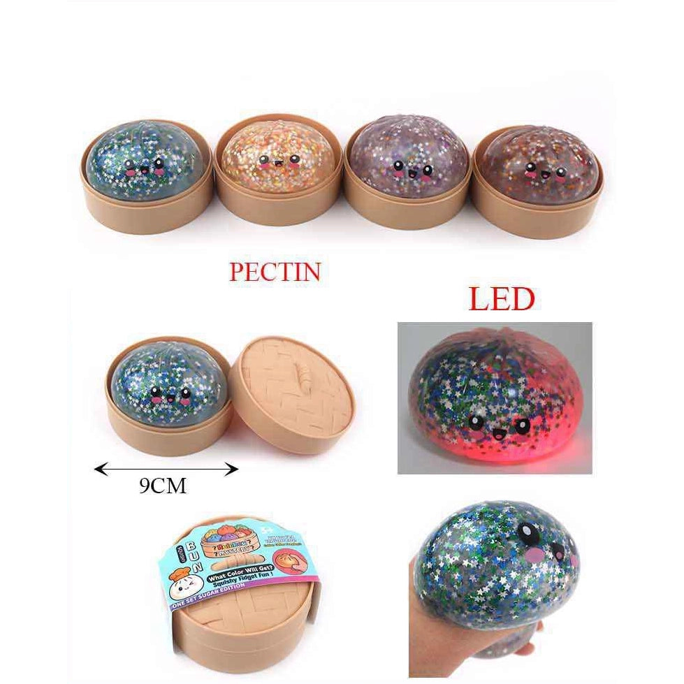 Kawaii Steamer Bun Squishy Fidget Toy with Light-Up LED – Glitter Gel Stress Relief Ball in Mini Steamer Container, Mystery Dumpling Sensory Toy for Kids & Adults (ANV-1904)