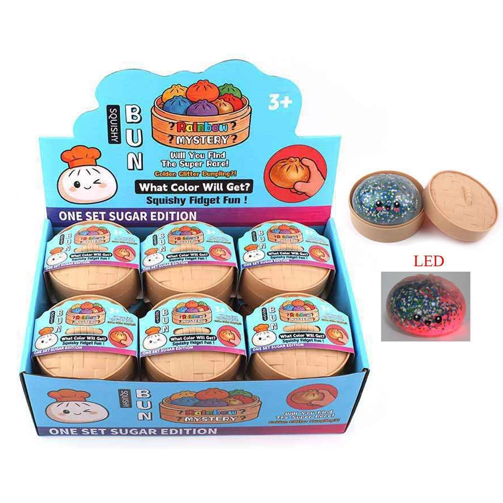 Kawaii Steamer Bun Squishy Fidget Toy with Light-Up LED – Glitter Gel Stress Relief Ball in Mini Steamer Container, Mystery Dumpling Sensory Toy for Kids & Adults (ANV-1904)