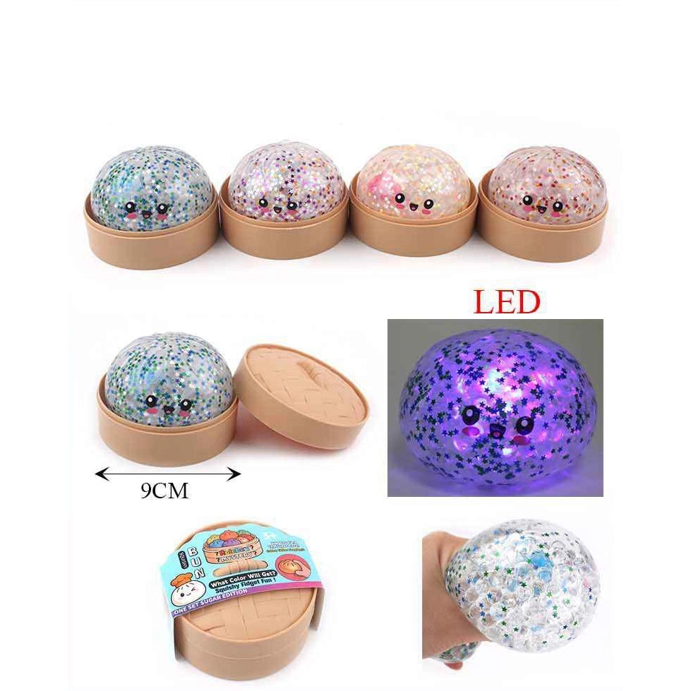 LED Light-Up Glitter Steamed Bun Squishy Toy – Cute Kawaii Dumpling Stress Relief Fidget Toy with Steamer Container for Kids & Adults (9cm) (ANV-1905)