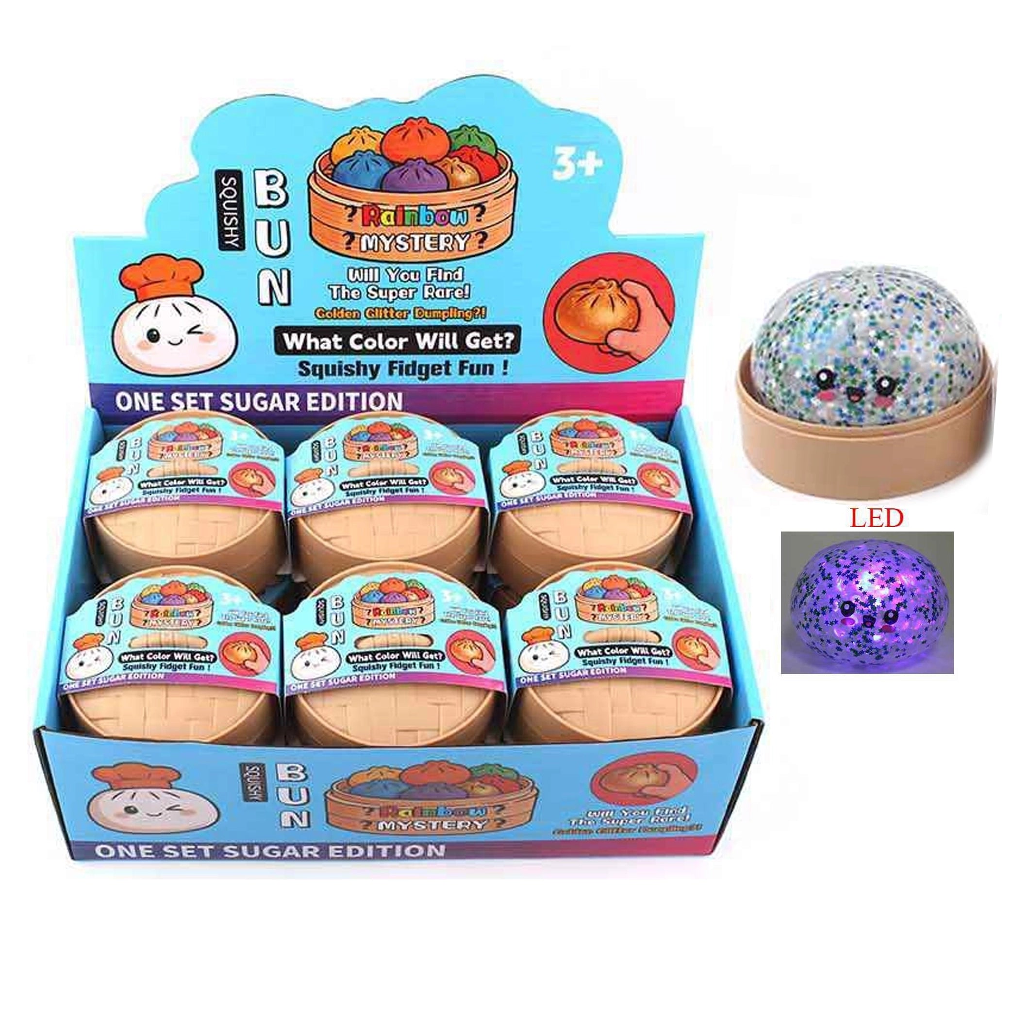 LED Light-Up Glitter Steamed Bun Squishy Toy – Cute Kawaii Dumpling Stress Relief Fidget Toy with Steamer Container for Kids & Adults (9cm) (ANV-1905)