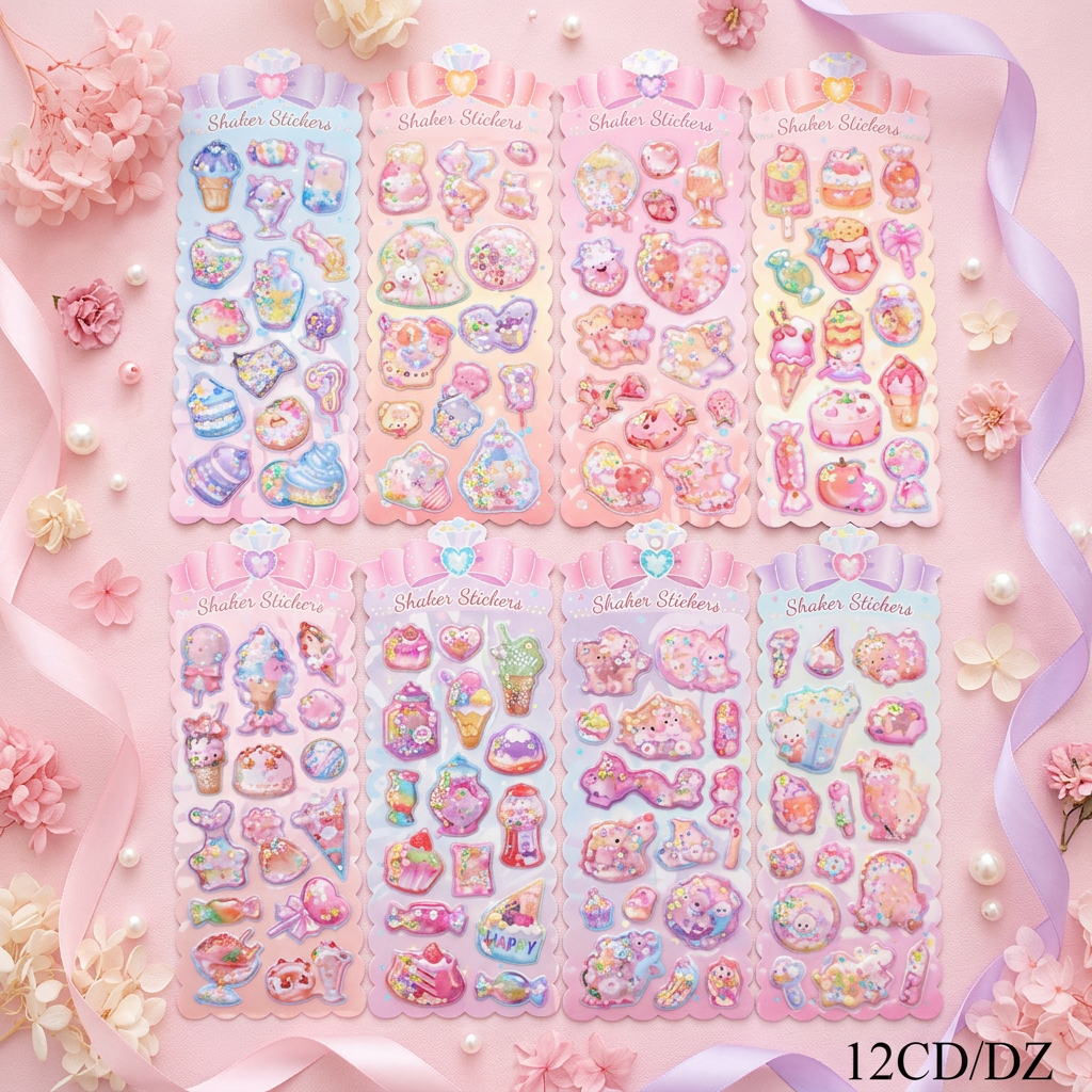 Kawaii 3D Liquid Shaker Glitter Sticker Sheet Set – Pastel Sweets & Magical Treats 12pcs (ANV-1930)