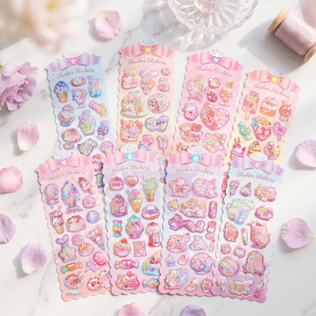 Kawaii 3D Liquid Shaker Glitter Sticker Sheet Set – Pastel Sweets & Magical Treats 12pcs (ANV-1930)