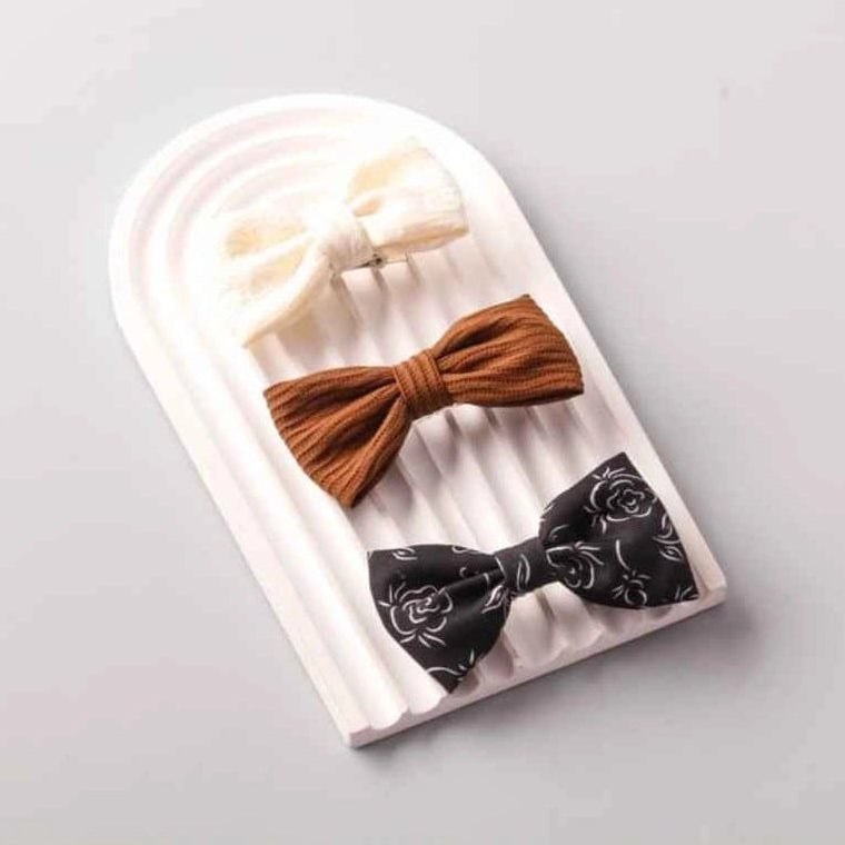 Mix Floral Wave Bowtie Hair Clips Set – 3-Piece Vintage Bow Barrette Cards (AP13334)