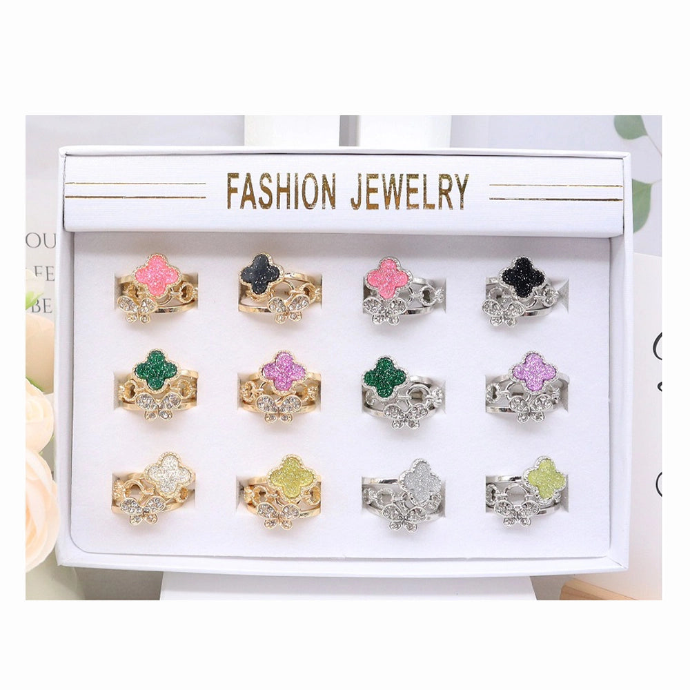 Sparkling Glitter Clover & Butterfly Fashion Ring Set – Rhinestone Accented Jewelry for Women & Girls (ARI1156)