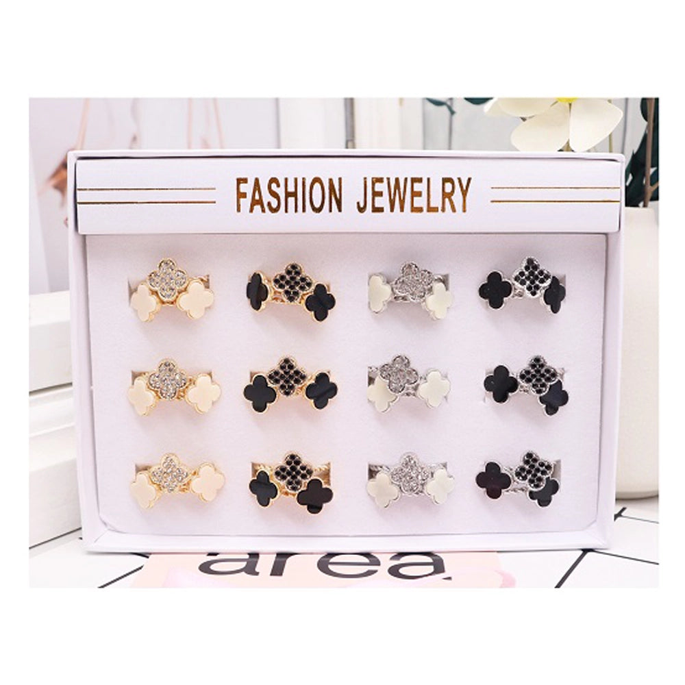 Elegant Clover Rhinestone Fashion Ring Set - 12 Piece Display Box - Gold & Silver Toned Twisted Band (ARI1179)