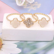 Elegant Clover Rhinestone Fashion Ring Set - 12 Piece Display Box - Gold & Silver Toned Twisted Band (ARI1179)