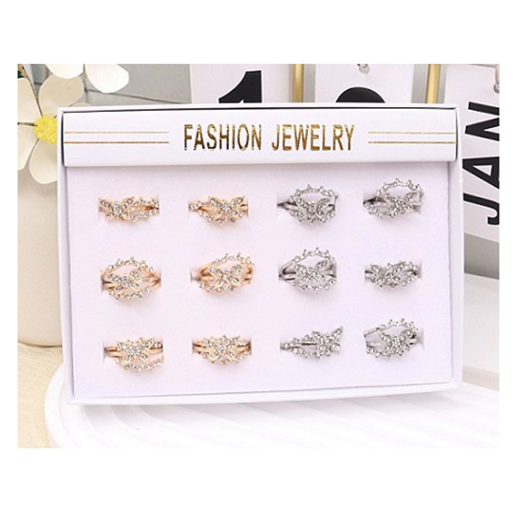 Rhinestone Butterfly Ring Set - Bulk 3-Piece Fashion Jewelry Stackable Rings for Women (ARI1189)