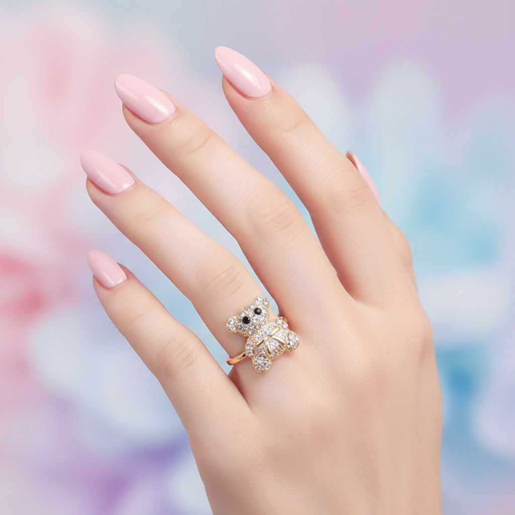 Sparkling Rhinestone Teddy Bear Statement Ring – Cute Fashion Jewelry for Women & Girls (Gold & Silver Tone)  (ARI1197)