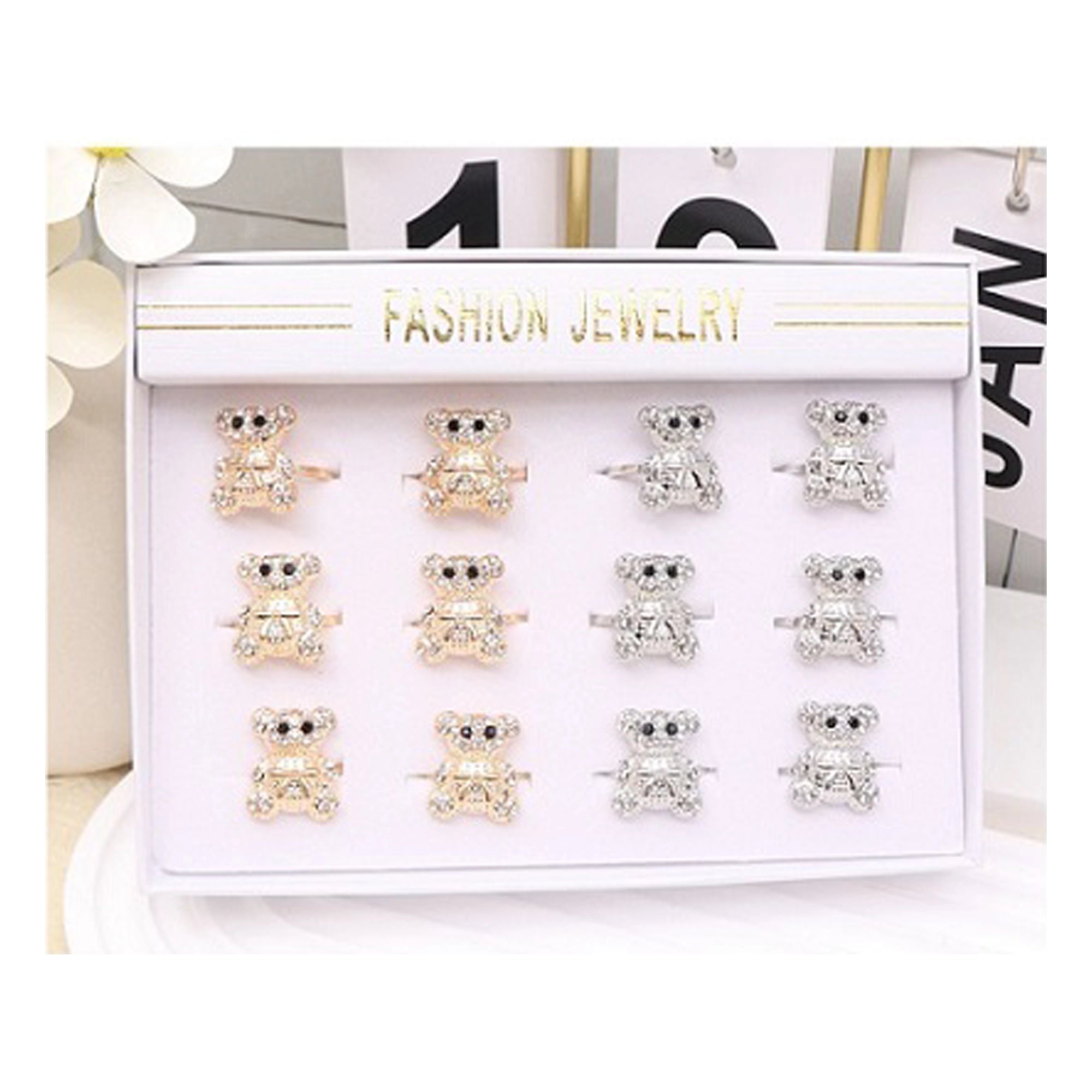 Sparkling Rhinestone Teddy Bear Statement Ring – Cute Fashion Jewelry for Women & Girls (Gold & Silver Tone)  (ARI1197)