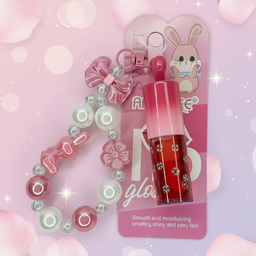 weet Bunny Lip Gloss Keychain Set – Hydrating & High-Shine Liquid Lipstick with Beaded Bracelet Strap for Girls and Teens (24pcs Display Box) (AY044)