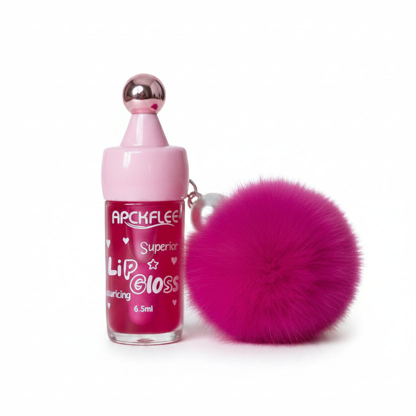 12-Piece Kids Lip Gloss Set with Fluffy Pom Pom Keychain | Moisturizing High-Shine Lip Gloss for Girls, Cute Party Favors & Makeup Gift Set (Model AY066) (AY056)