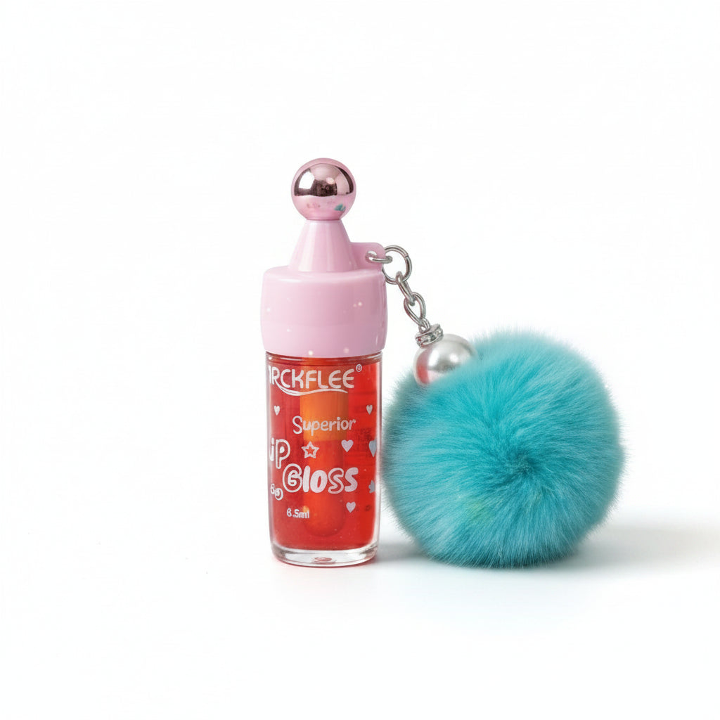 12-Piece Kids Lip Gloss Set with Fluffy Pom Pom Keychain | Moisturizing High-Shine Lip Gloss for Girls, Cute Party Favors & Makeup Gift Set (Model AY066) (AY056)