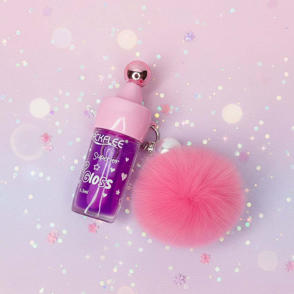 12-Piece Kids Lip Gloss Set with Fluffy Pom Pom Keychain | Moisturizing High-Shine Lip Gloss for Girls, Cute Party Favors & Makeup Gift Set (Model AY066) (AY056)