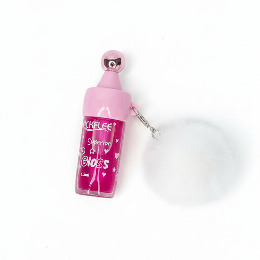12-Piece Kids Lip Gloss Set with Fluffy Pom Pom Keychain | Moisturizing High-Shine Lip Gloss for Girls, Cute Party Favors & Makeup Gift Set (Model AY066) (AY056)