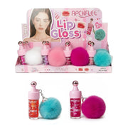 12-Piece Kids Lip Gloss Set with Fluffy Pom Pom Keychain | Moisturizing High-Shine Lip Gloss for Girls, Cute Party Favors & Makeup Gift Set (Model AY066) (AY056)