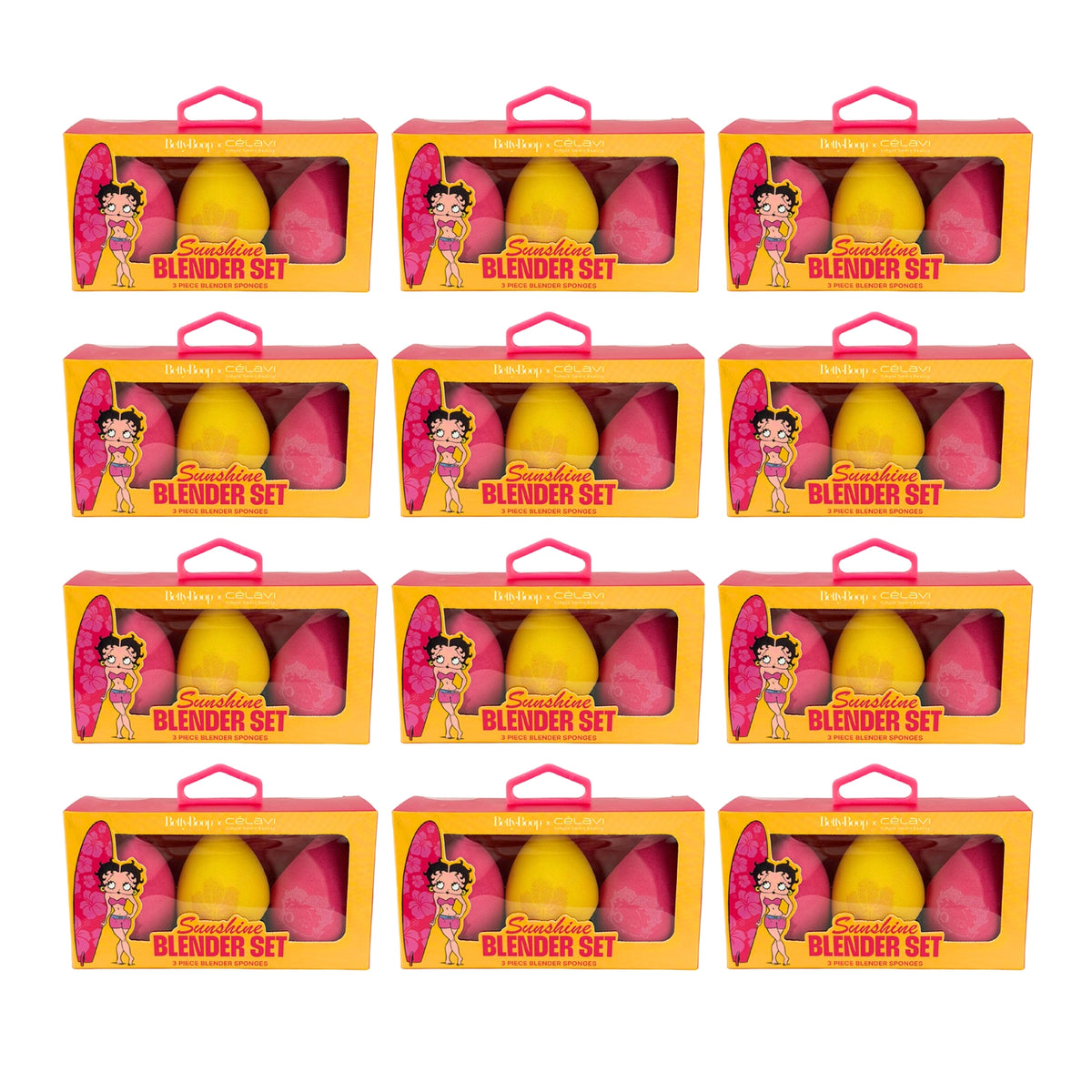 Betty Boop x CÉLAVI Sunshine Blender Set (3-Piece Collection) – Multi-Shape Makeup Sponges with Custom Character Stamping in Bubblegum Pink & Bright Yellow