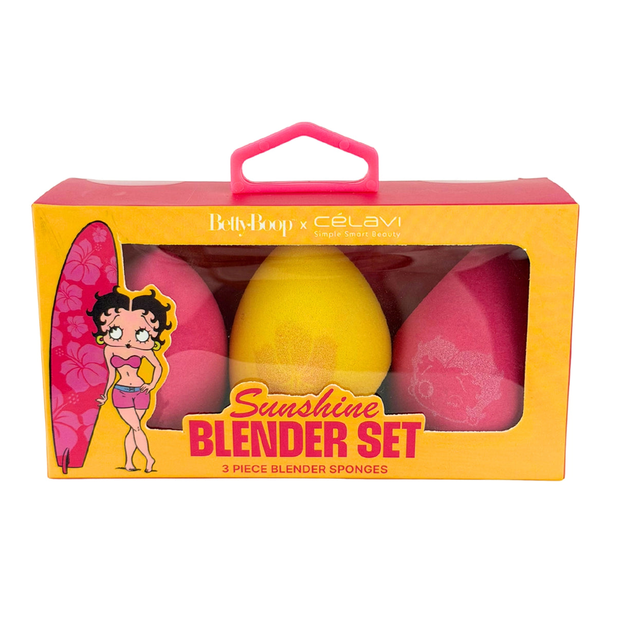 Betty Boop x CÉLAVI Sunshine Blender Set (3-Piece Collection) – Multi-Shape Makeup Sponges with Custom Character Stamping in Bubblegum Pink & Bright Yellow