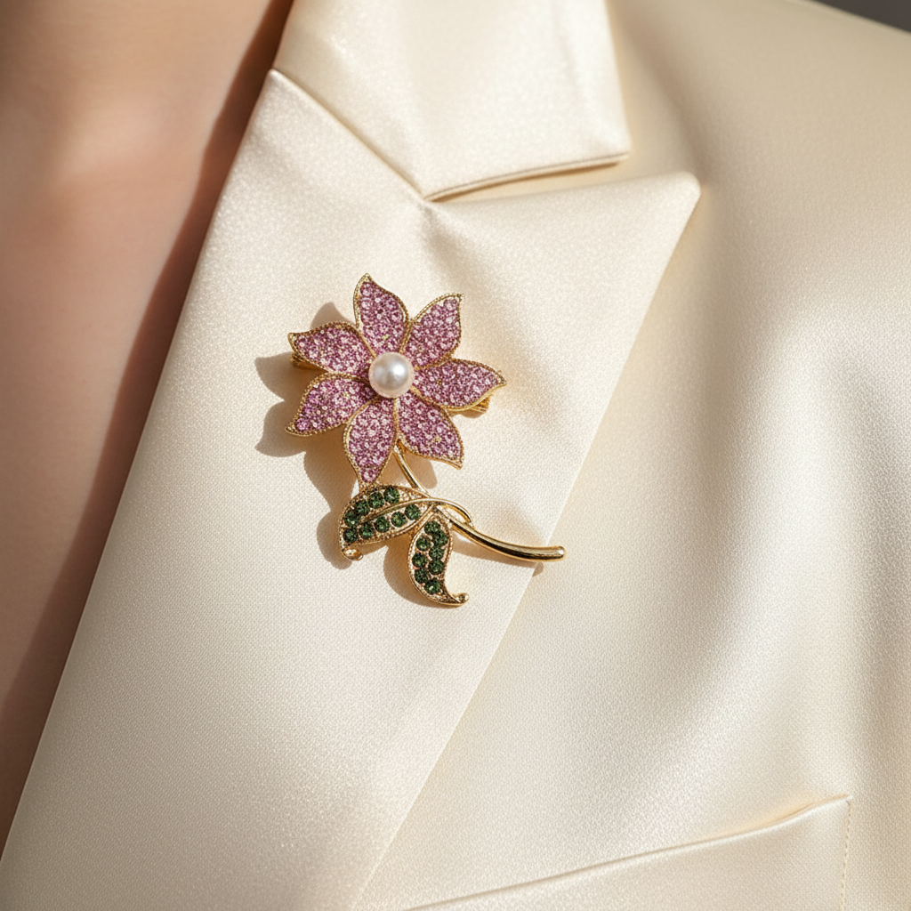 Sparkling Rhinestone Flower Brooch Pin with Faux Pearl Center – Elegant Floral Assortment for Women, 5.5cm (Pack of 12) (BC-1024M)
