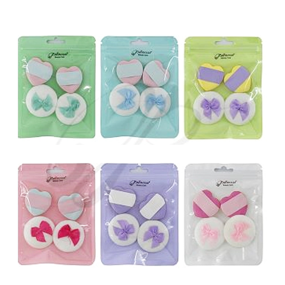 4-Piece Heart and Round Makeup Puff Set with Ribbon Bows – Professional Soft Powder Puffs for Setting, Blending, and Contouring – 3.5cm & 4cm Sizes (BFB-1085)