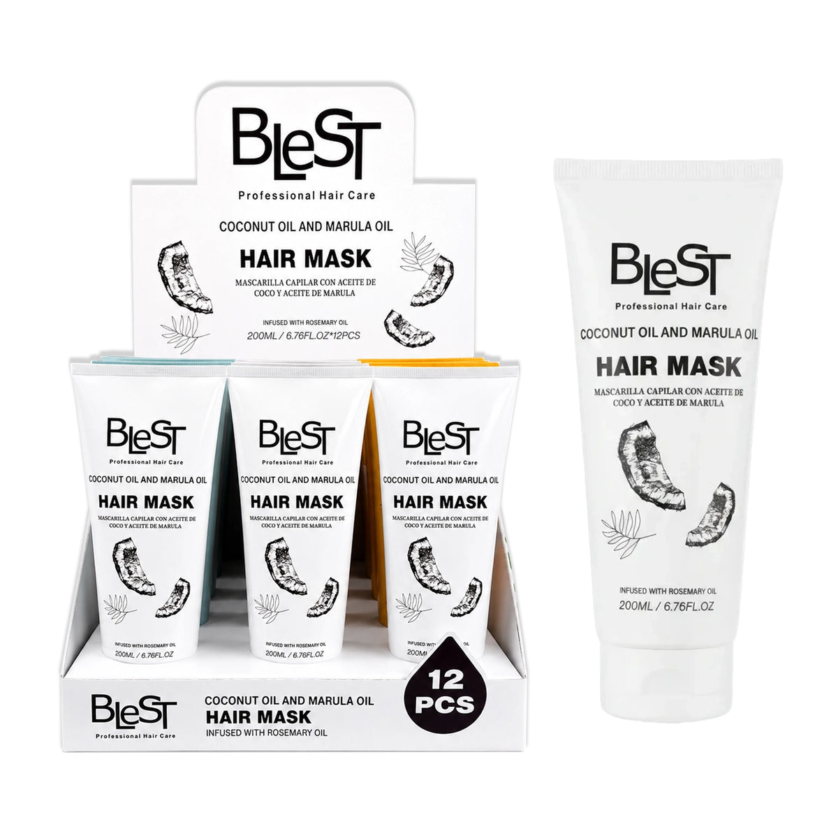 Blest Professional Hair Mask with Coconut, Marula & Rosemary Oil – Deep Conditioning Hydration (200ml / 6.76 fl oz)
