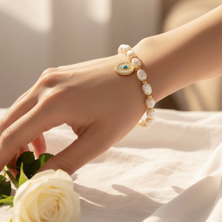 Boho Gold Eye Medallion & Freshwater Oval Pearl Stretch Bracelet (BL17839)