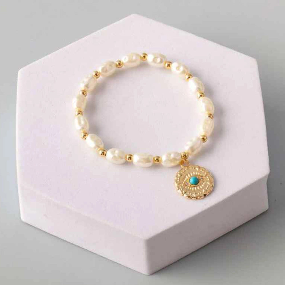 Boho Gold Eye Medallion & Freshwater Oval Pearl Stretch Bracelet (BL17839)