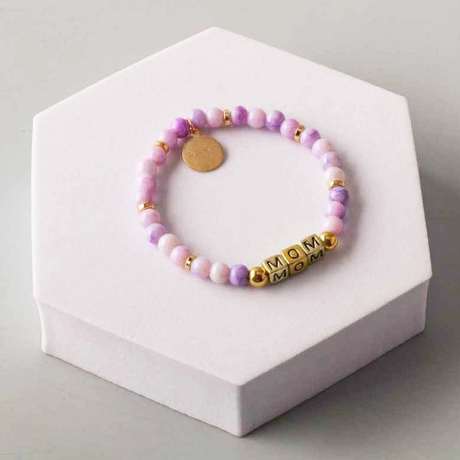 Elegant "MOM" Marble Bead Stretch Bracelet with Gold Coin Charm (BL18286)