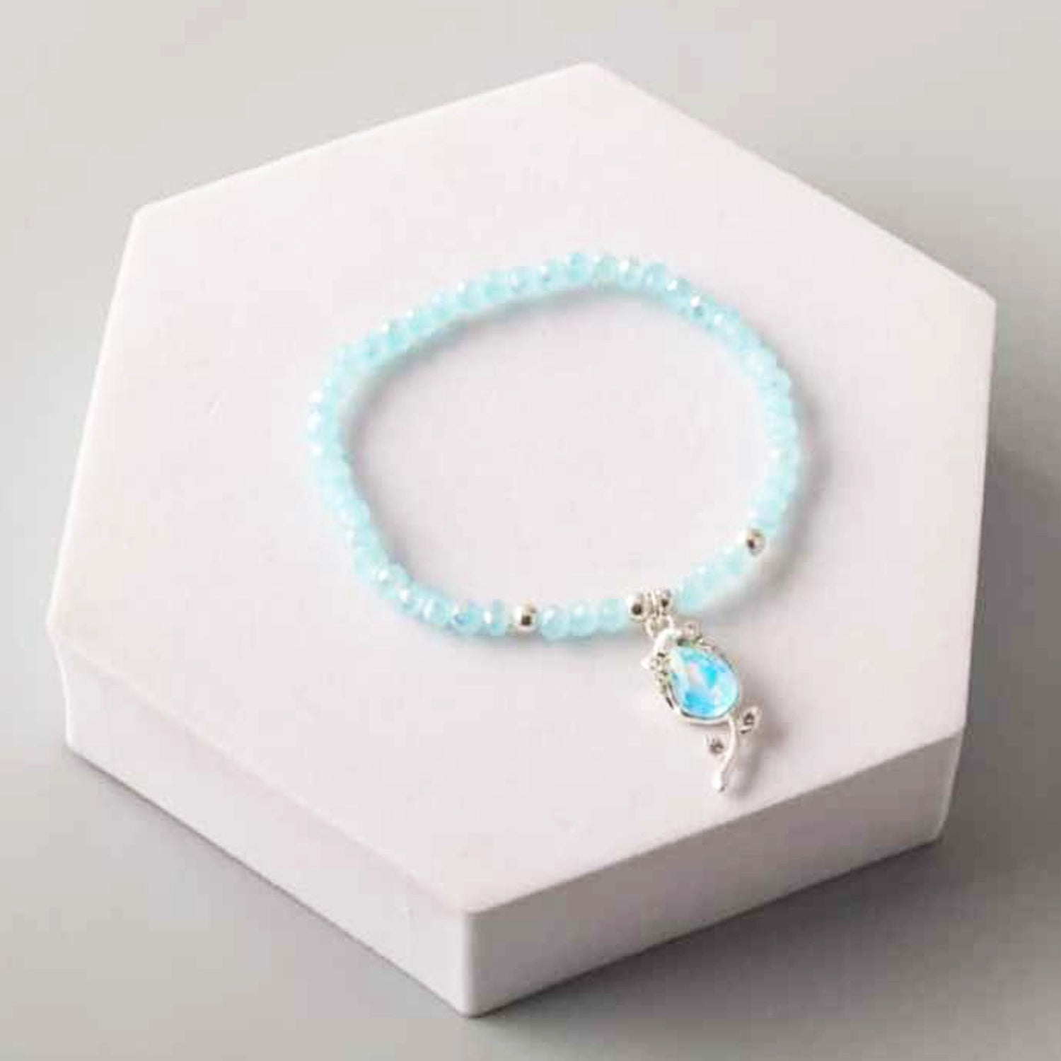 Elegant Crystal Beaded Charm Bracelet - Floral Teardrop Pendant (BL18385)