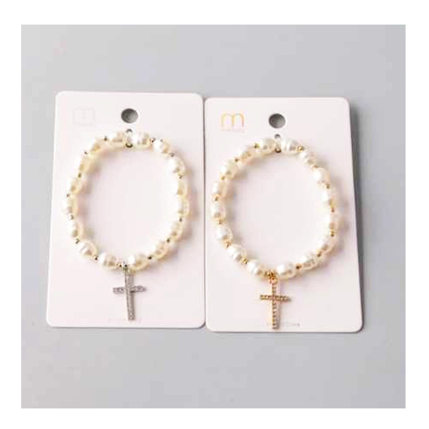 Elegant Rhinestone Cross & Freshwater Pearl Beaded Stretch Bracelet (BL18429)