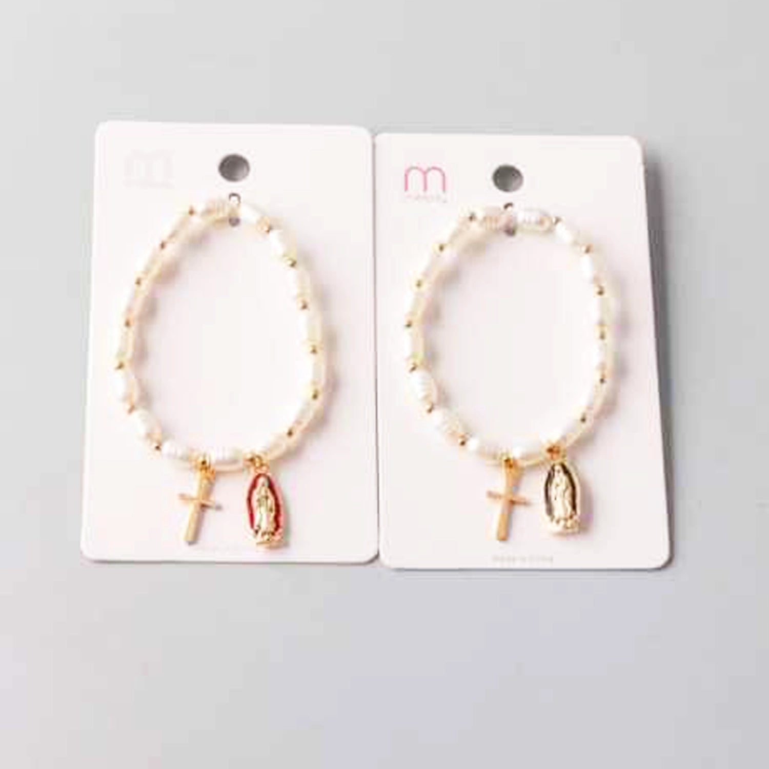 Cross & Virgin Mary Charm Pearl Stretch Bracelet - Religious Devotional Jewelry (BL18430)