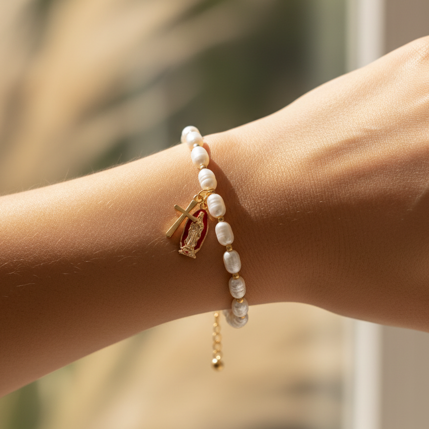 Cross & Virgin Mary Charm Pearl Stretch Bracelet - Religious Devotional Jewelry (BL18430)