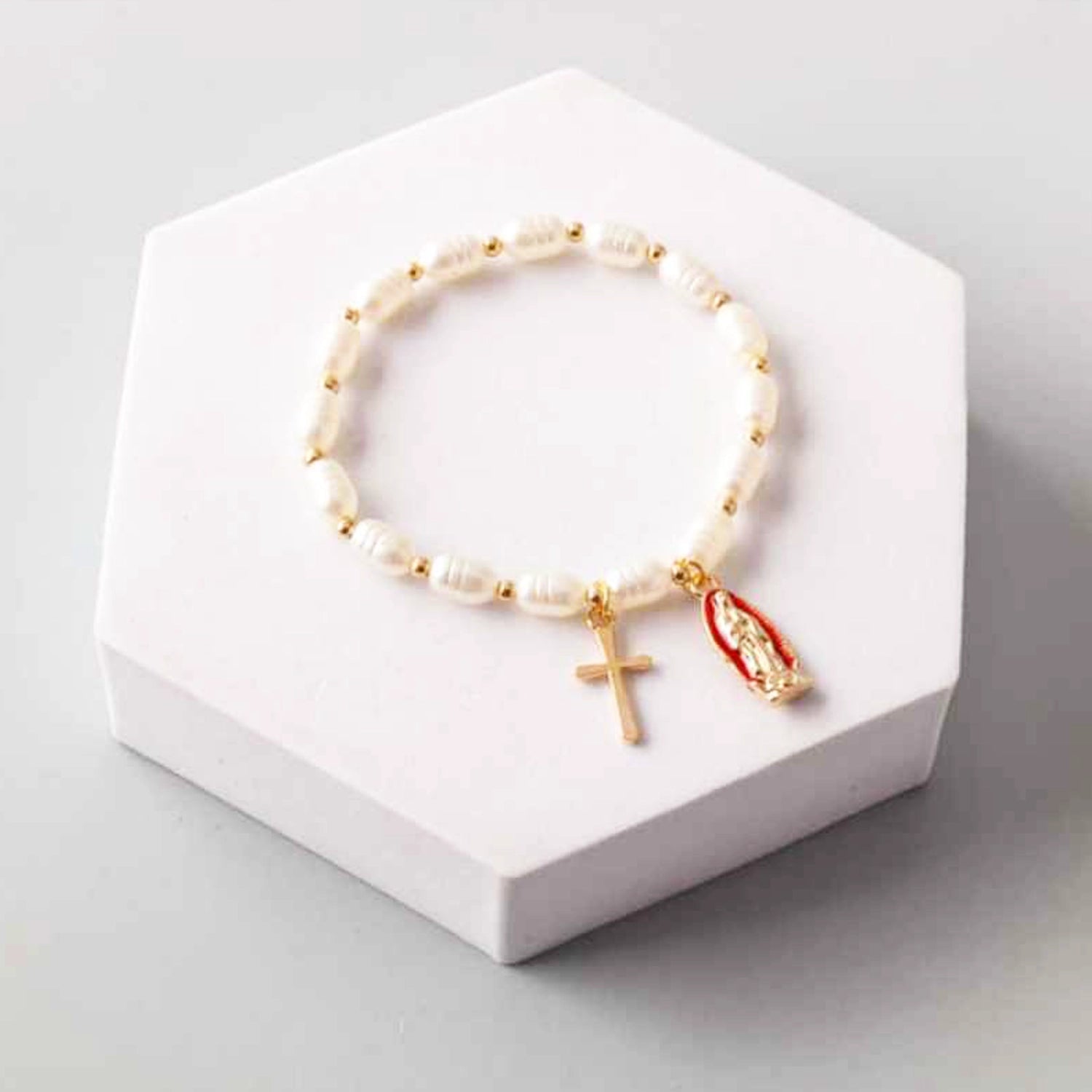 Cross & Virgin Mary Charm Pearl Stretch Bracelet - Religious Devotional Jewelry (BL18430)