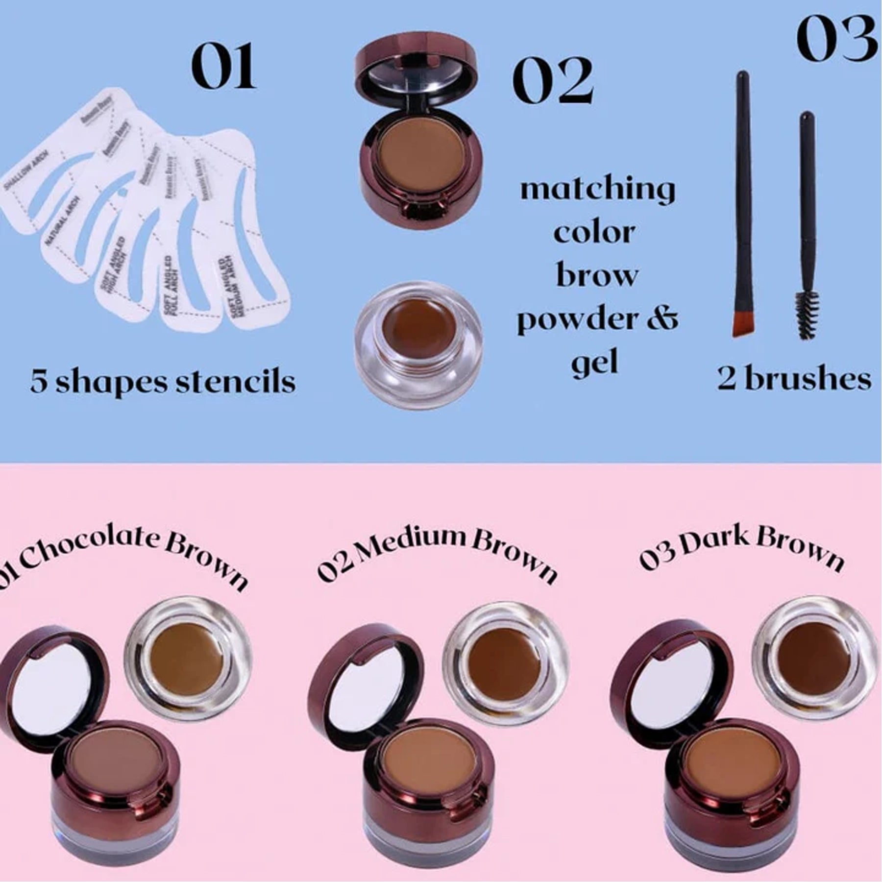 Romantic Beauty - Eyebrow Kit - Gel+Powder+Brush+Stencils - 3 Shades