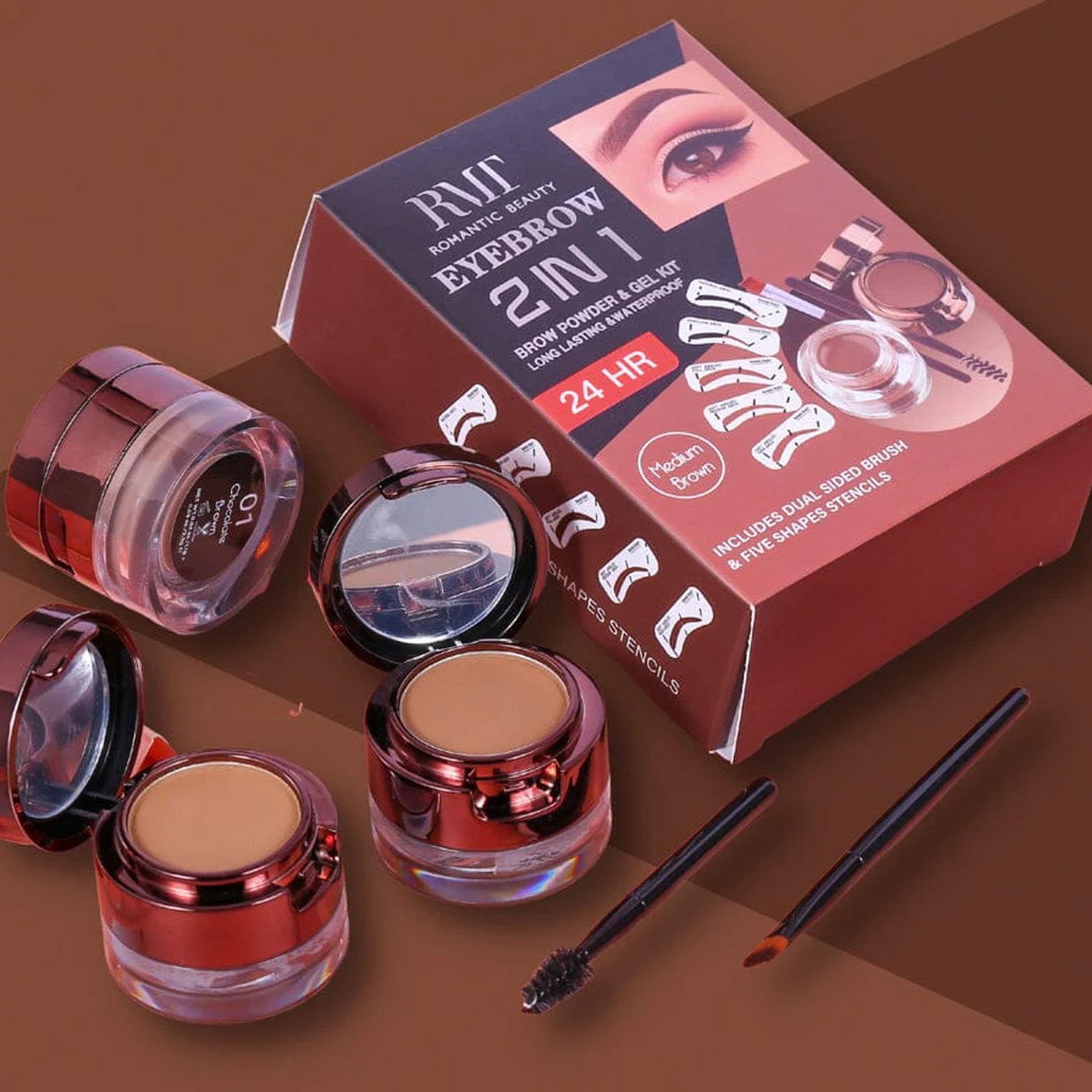 Romantic Beauty - Eyebrow Kit - Gel+Powder+Brush+Stencils - 3 Shades
