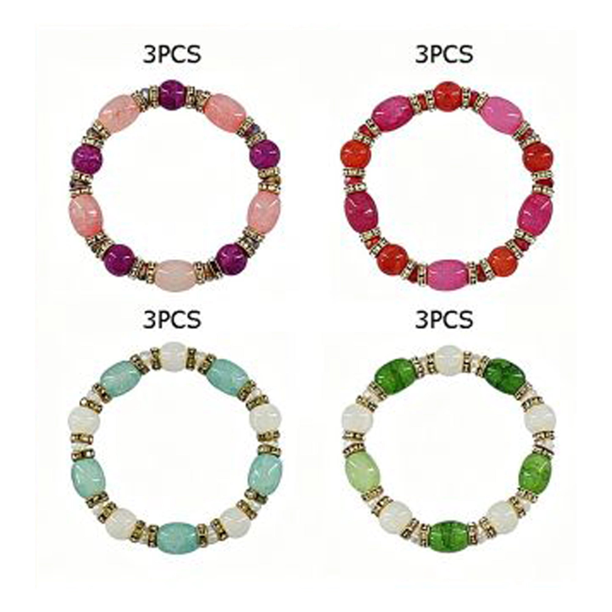 3-Piece Vibrant Beaded Stretch Bracelet Set with Crystal Rhinestone Spacers – Colorful Agate (BRC-43094R)