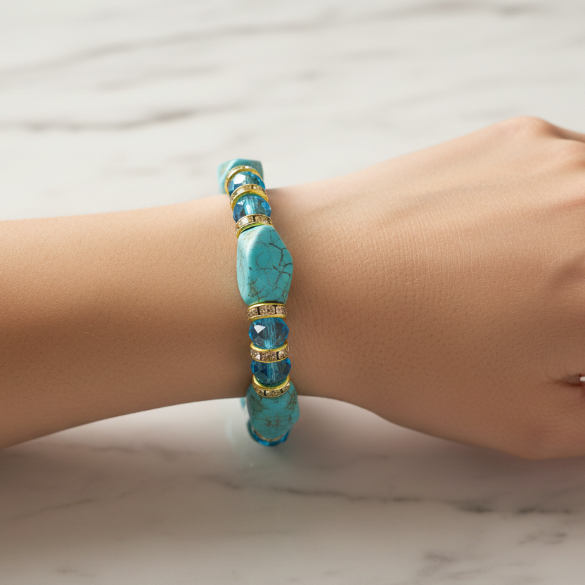 Beaded Stretch Bracelet Set for Women – Semiprecious Faux Turquoise Stone (BRC-43290S)