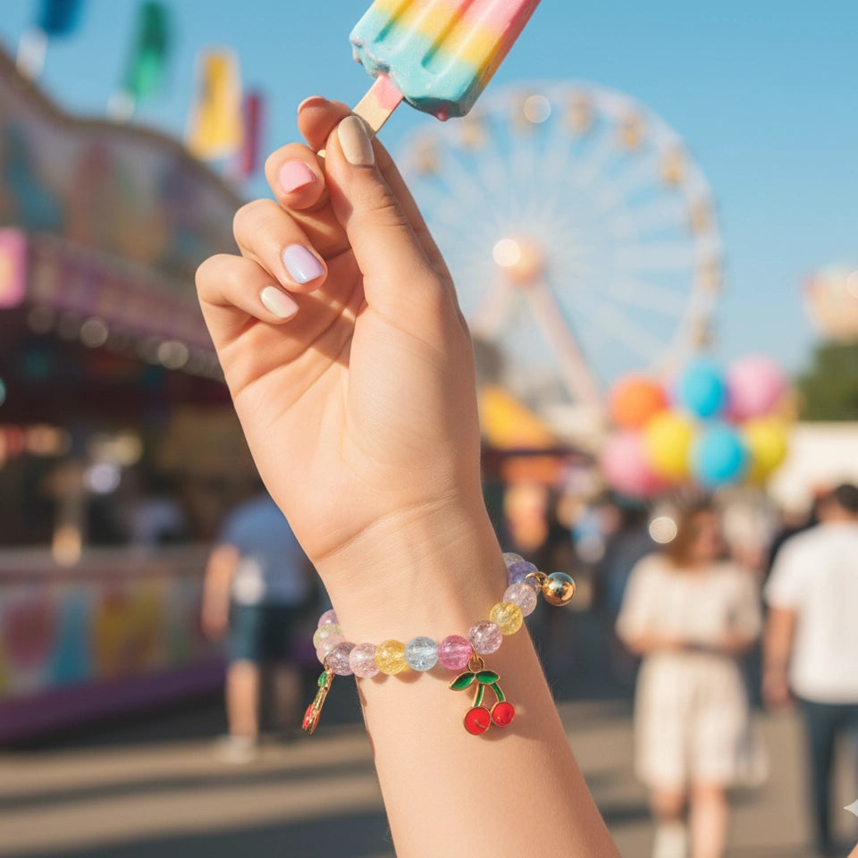 Colorful Beaded Cherry Charm Bracelet