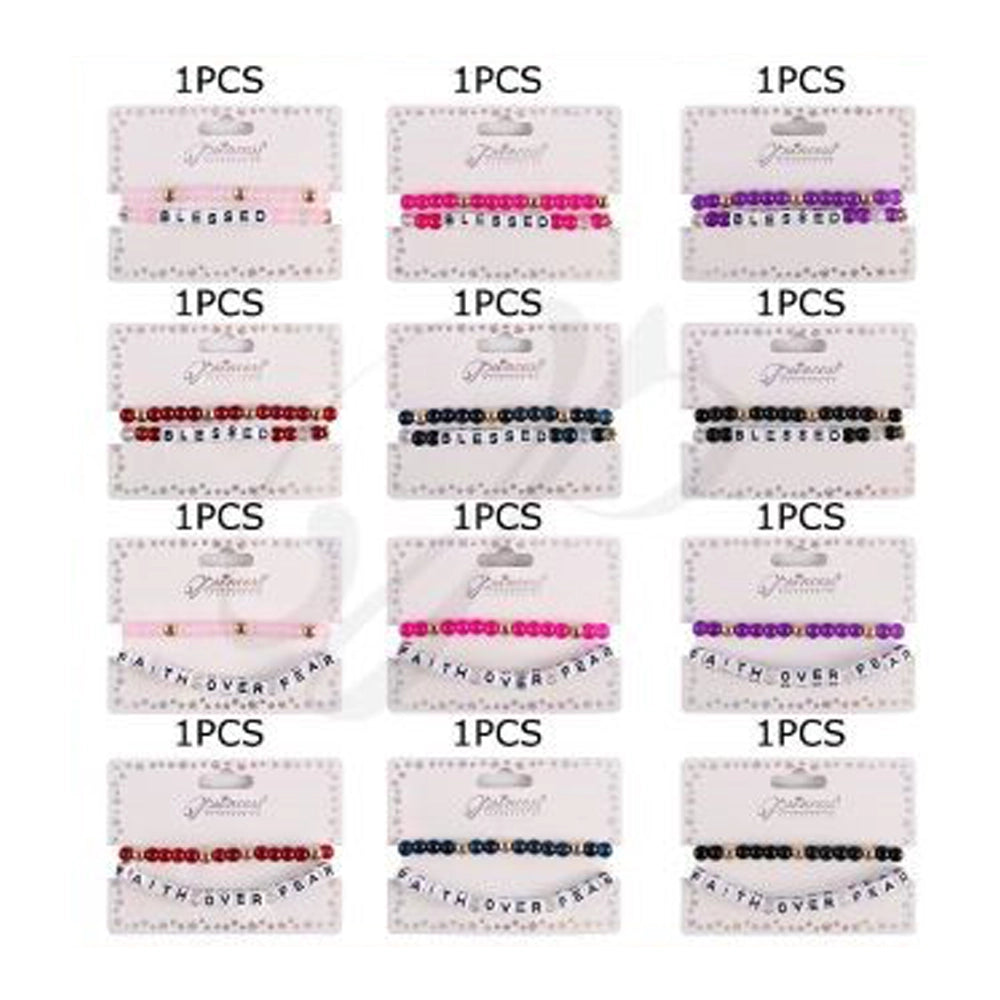 2-Piece Inspirational Beaded Bracelet Set – Faith Over Fear & Blessed Crystal Bead Bracelets with Gold Heart Charm (BRC-43699BN)