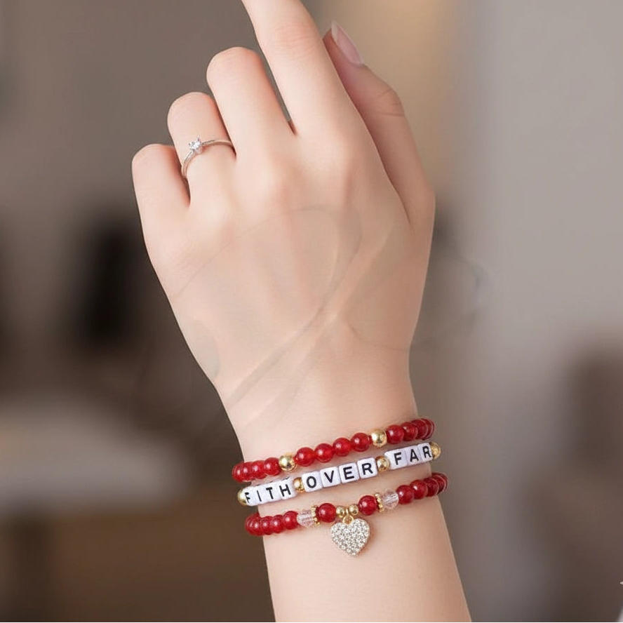 2-Piece Inspirational Beaded Bracelet Set – Faith Over Fear & Blessed Crystal Bead Bracelets with Gold Heart Charm (BRC-43699BN)