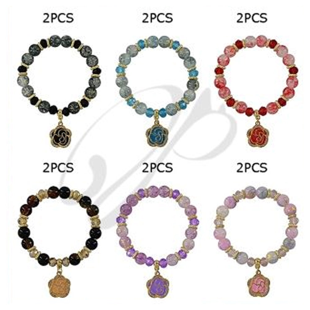 Elegant Rose Charm Crystal Beaded Bracelet - Floral Glass & Rhinestone Sparkle Stretch Jewelry (BRC-43733M)