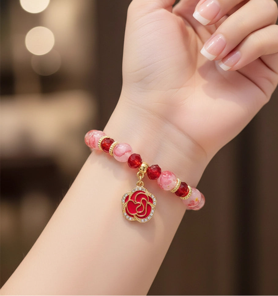 Elegant Rose Charm Crystal Beaded Bracelet - Floral Glass & Rhinestone Sparkle Stretch Jewelry (BRC-43733M)