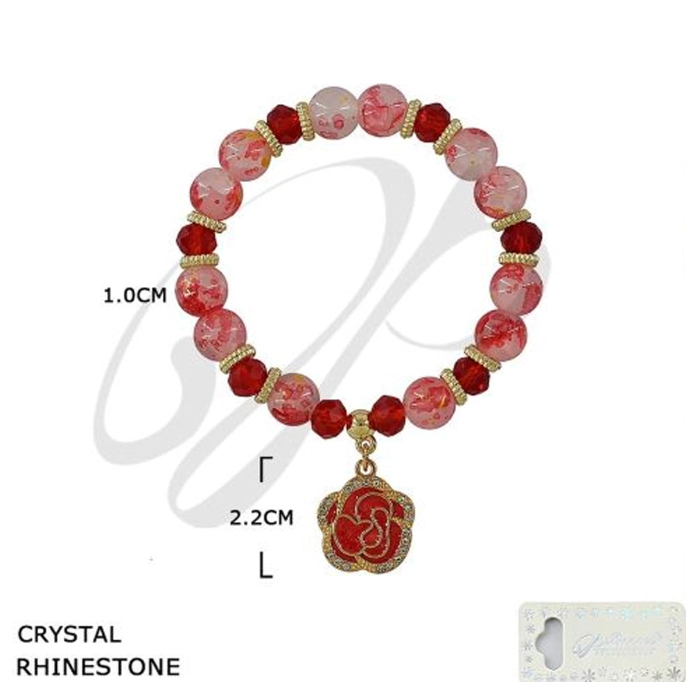 Elegant Rose Charm Crystal Beaded Bracelet - Floral Glass & Rhinestone Sparkle Stretch Jewelry (BRC-43733M)