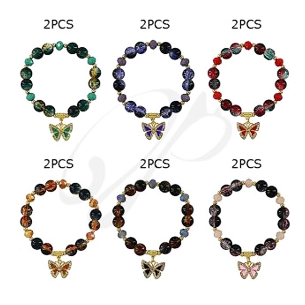 Sparkling Crystal Rhinestone Butterfly Charm Beaded Bracelet – 10mm Marbled Glass Stretch Bangle (BRC-43738M)