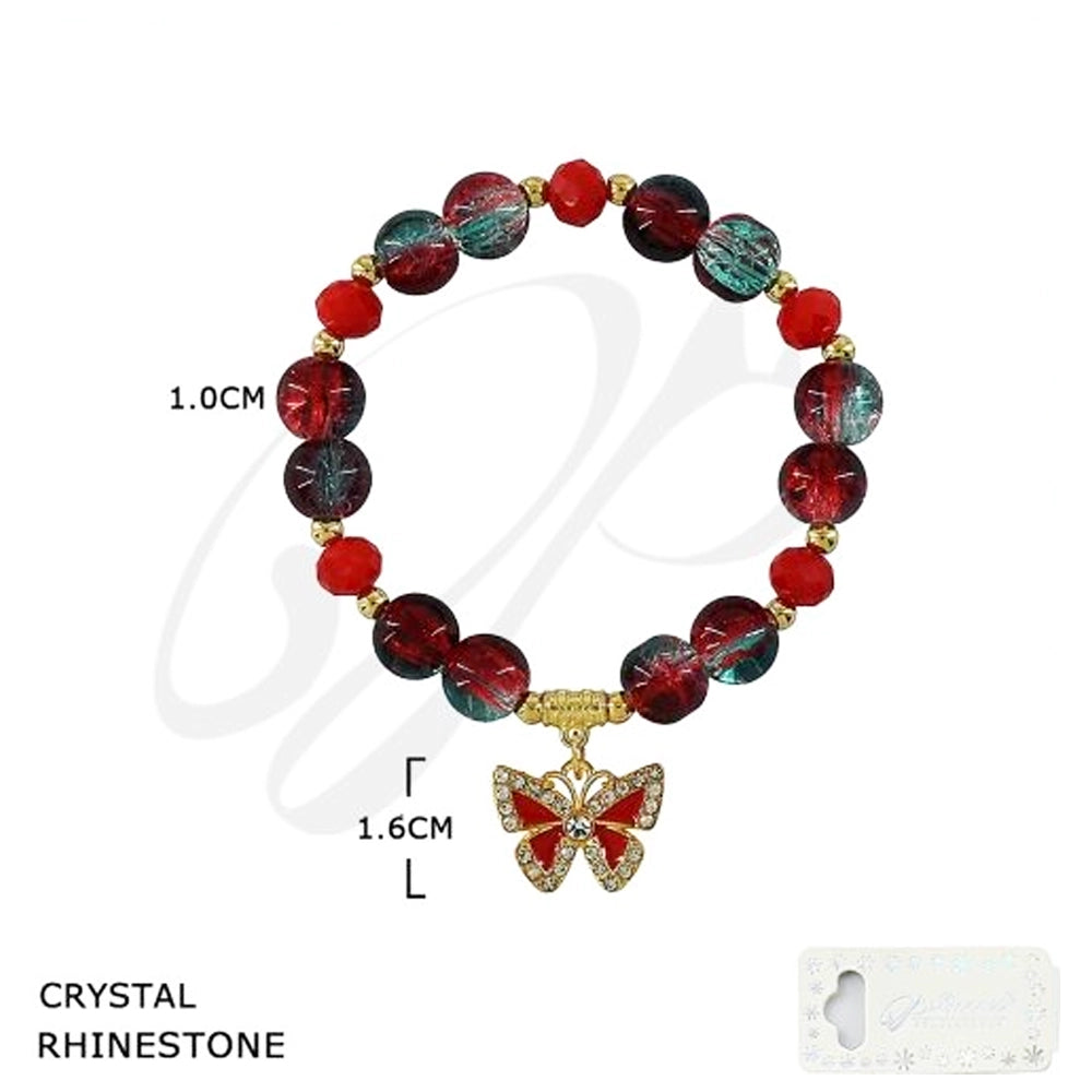 Sparkling Crystal Rhinestone Butterfly Charm Beaded Bracelet – 10mm Marbled Glass Stretch Bangle (BRC-43738M)