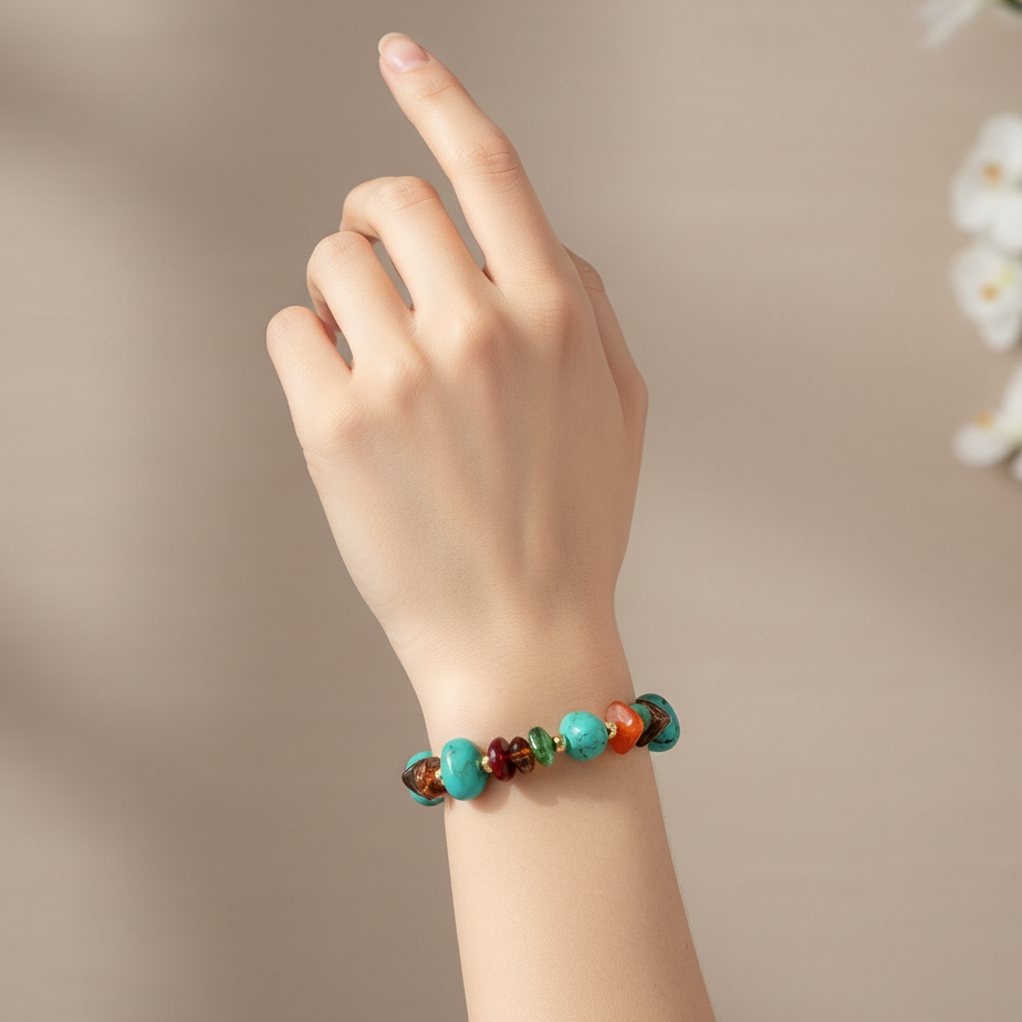 Natural Stone Beaded Stretch Bracelet – Colorful Chunky Crystal & Gemstone Chip Beads, Boho Stackable Elastic Jewelry for Women (BRC-43763S)