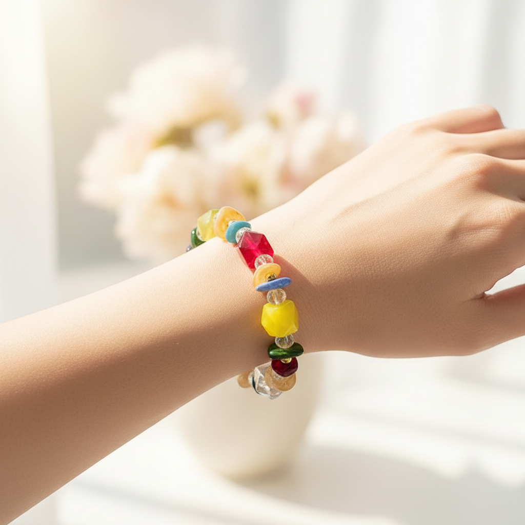 Boho Multi-Color Crystal Bead Stretch Bracelet – Colorful Chunky Gemstone Style Elastic Bracelet for Women, Stackable Statement Jewelry (BRC-43764S)
