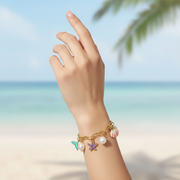 Mermaid Charm Bracelet for Girls and Women – Gold & Silver Ocean Themed Link Chain with Faux Pearl, Starfish, Mermaid Tail, and Seashell Charms (BRC-43769S)